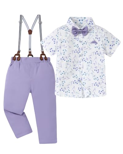 DISAUR Baby Boy Dress Clothes Printed Short Sleeve Shirt Lavender Purple Suspender Pants Easter Boy Wedding Outfits for Family Photos 3t 4t 34t - Image 1