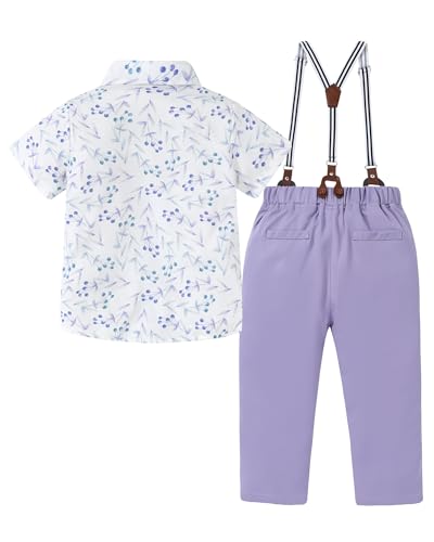 DISAUR Baby Boy Dress Clothes Printed Short Sleeve Shirt Lavender Purple Suspender Pants Easter Boy Wedding Outfits for Family Photos 3t 4t 34t - Image 3