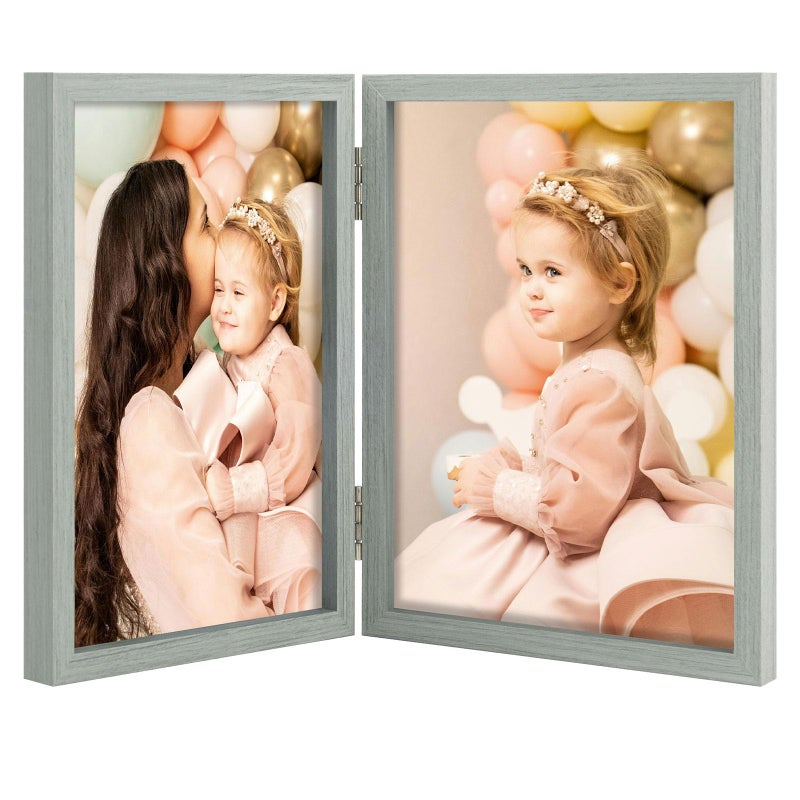 Space Art Deco 5x7 Double Hinged Frames  2 Folding Picture Frame  Stand Vertically on Desktop or Tabletop  Grey - Image 1