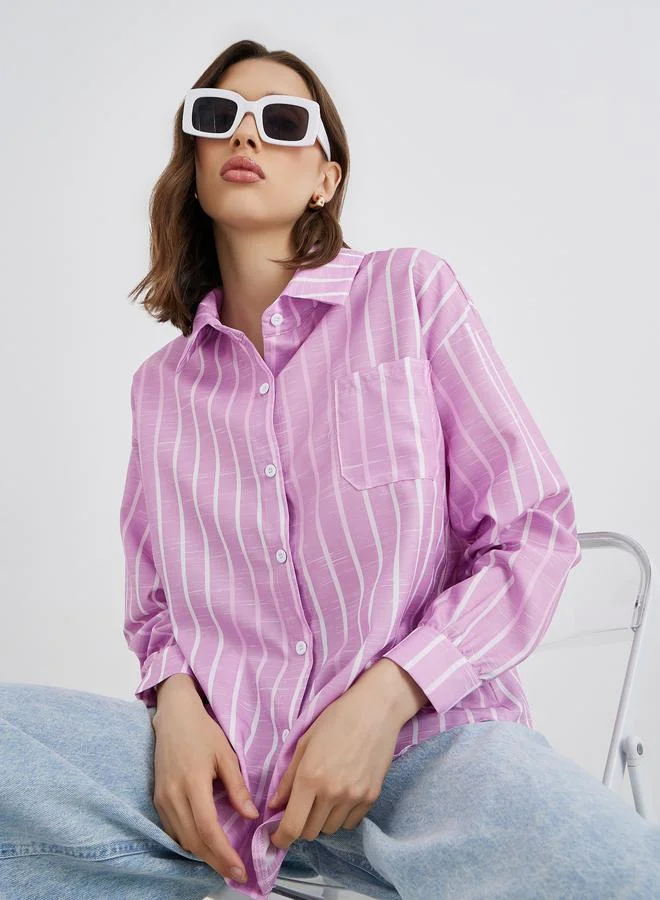 Take Two Take Two Women Striped Long Sleeve Oversized Shirt with Pocket Detail