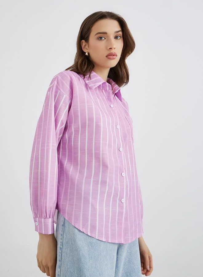 تايك تو قميص نسائي مخطط بأكمام طويلة كبير الحجم مع جيب