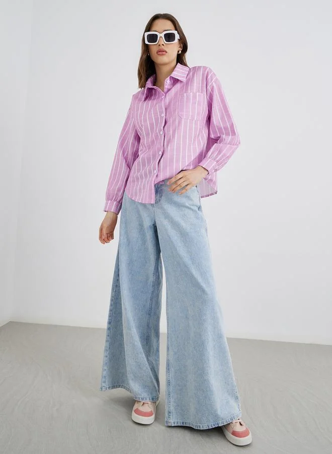 تايك تو قميص نسائي مخطط بأكمام طويلة كبير الحجم مع جيب