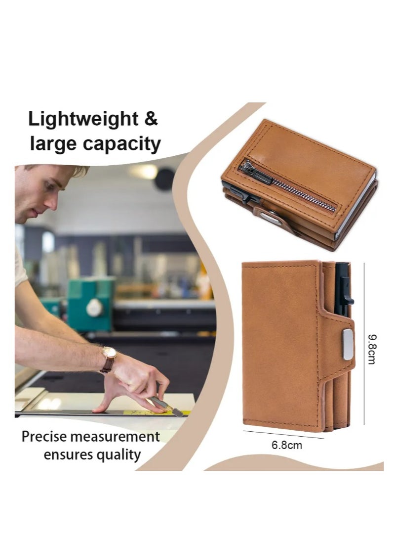 Generic - Leather Card Holder Wallet with Zipper Pocket, Compact Design, 6.8 x 9.8 cm, Brown, Large Capacity, Multifunctional - Image 1