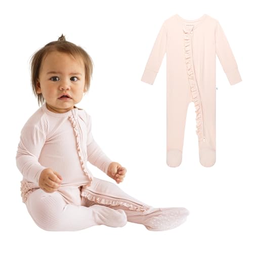Posh Peanut Footie Pajamas for Baby Girls Sleepers in UltraSoft Viscose from Bamboo with 2Way Zipper Ruffle Trim Newborn to Toddler Sleepwear Sandy Blush Newborn - Image 1