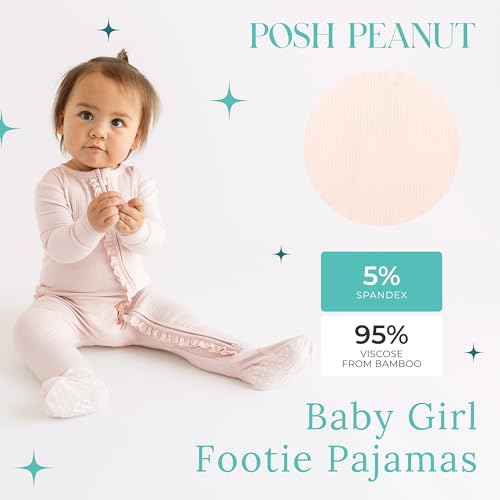 Posh Peanut Footie Pajamas for Baby Girls Sleepers in UltraSoft Viscose from Bamboo with 2Way Zipper Ruffle Trim Newborn to Toddler Sleepwear Sandy Blush Newborn - Image 3
