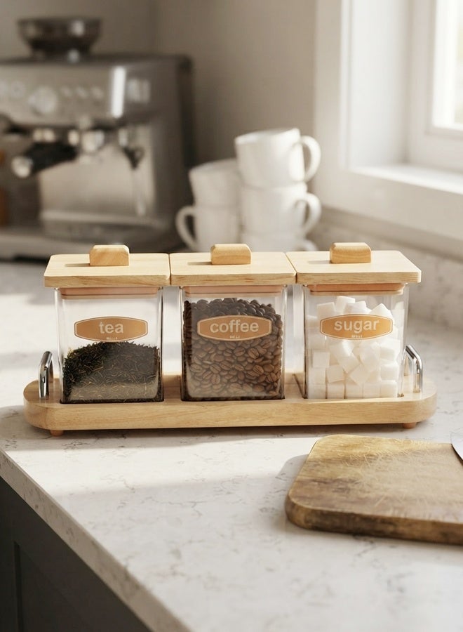 BILLI Coffee, Tea & Sugar Canister set with Wooden Lid & Stand, Brown - Image 2