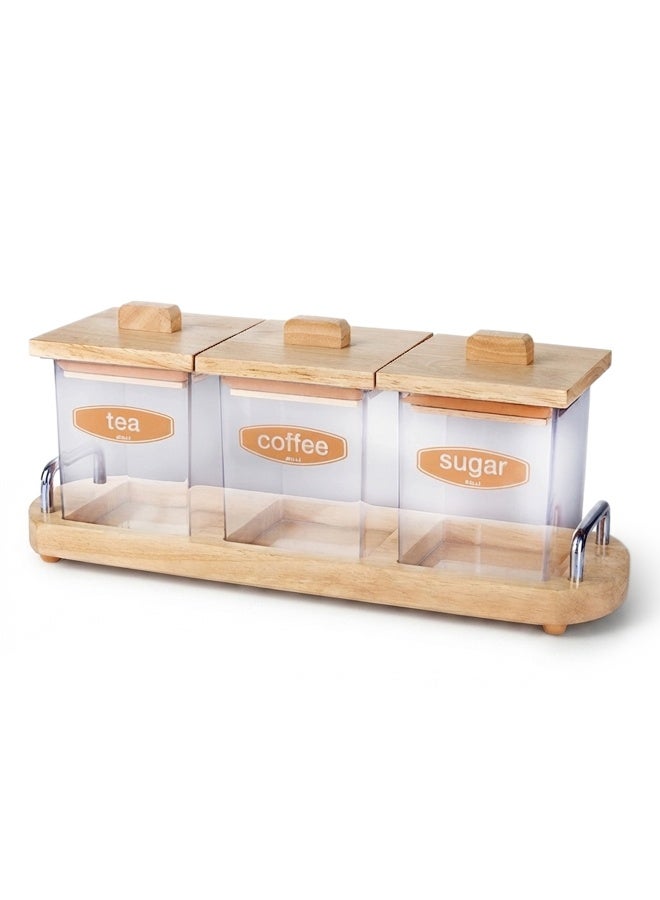 BILLI Coffee, Tea & Sugar Canister set with Wooden Lid & Stand, Brown - Image 1