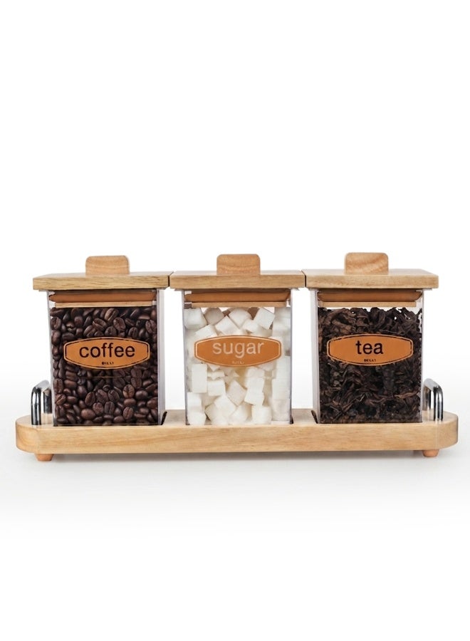 BILLI Coffee, Tea & Sugar Canister set with Wooden Lid & Stand, Brown - Image 3