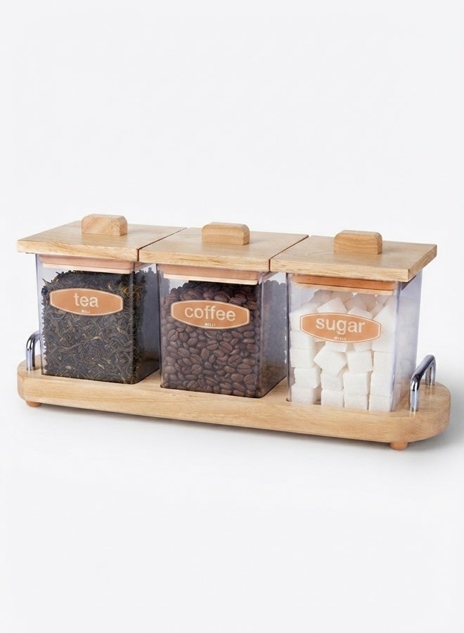 BILLI Coffee, Tea & Sugar Canister set with Wooden Lid & Stand, Brown - Image 5