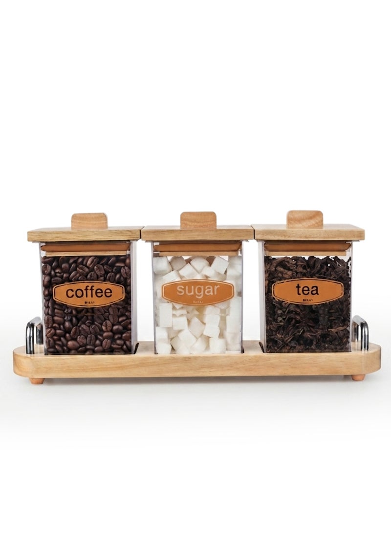 Billi Coffee, Tea & Sugar Canister Set with Wooden Lid & Stand, Brown – Kitchen Storage Container Set for Countertop Organization - Image 3