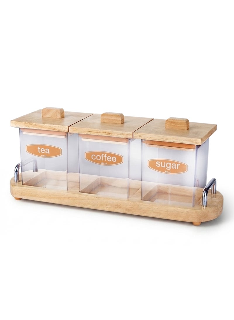 Billi Coffee, Tea & Sugar Canister Set with Wooden Lid & Stand, Brown – Kitchen Storage Container Set for Countertop Organization - Image 1