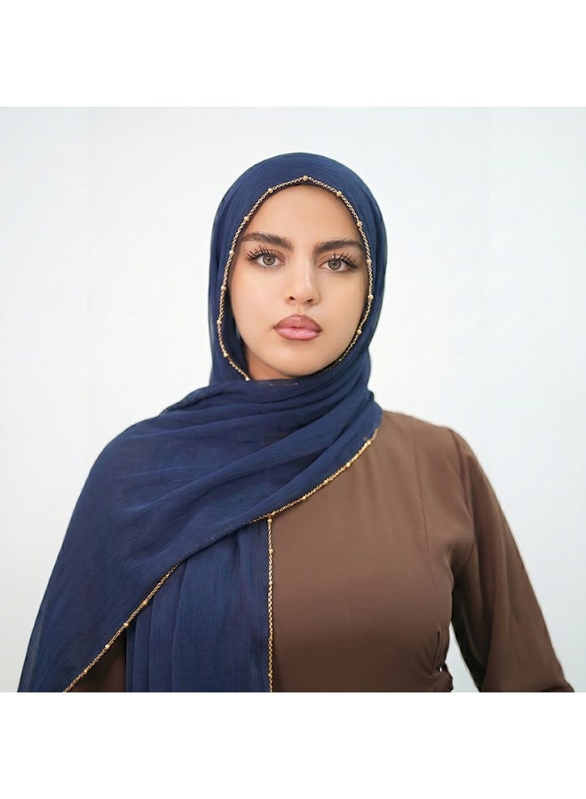 A long crepe scarf in a solid color with a soft texture and a satin finish, featuring a row of metal beads; a long women's scarf made of shiny silk - Image 1