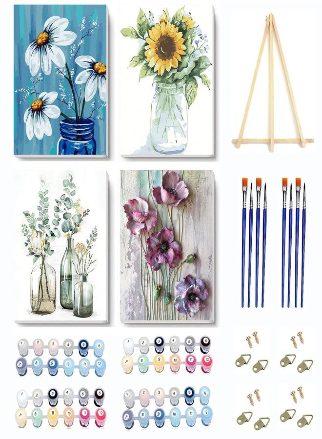 VIGEGU 4 Pack Paint by Numbers kit for Adults Framed Canvas - with Wooden Easel,Paint by Numbers for Kids Ages 8-12,Bottle Flower DIY Acrylic Oil Painting Kits Arts Crafts for Wall Decor 7.8x11.8inch - Image 1