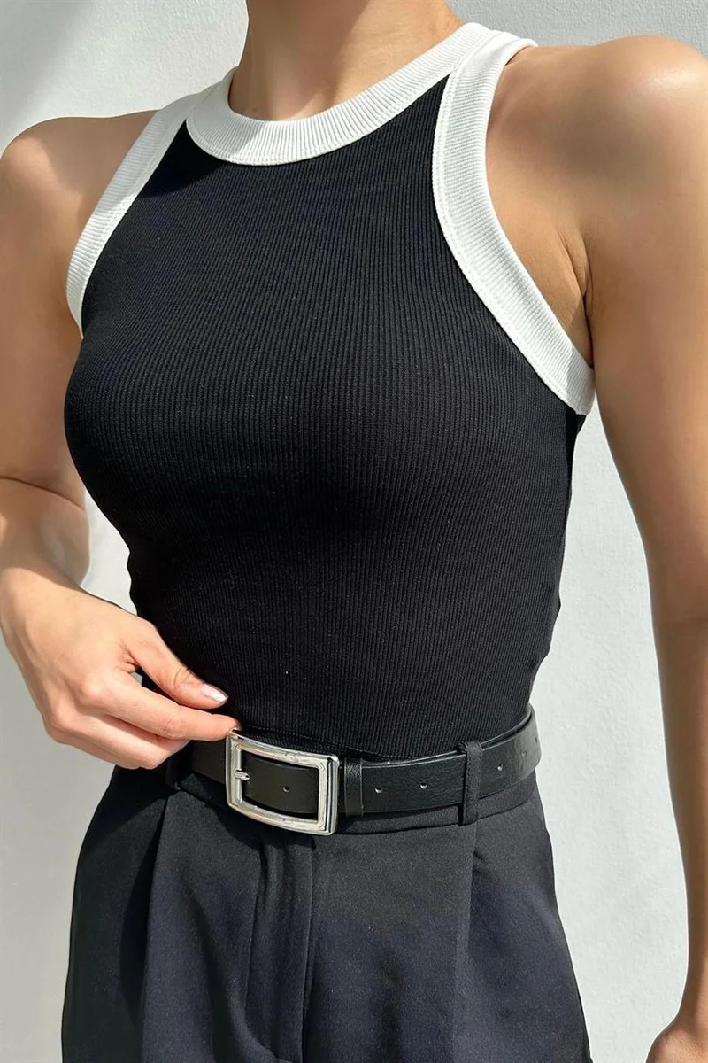 ريتنيس Women's Black and White Striped Cotton Halter Collar Ribbed Athlete