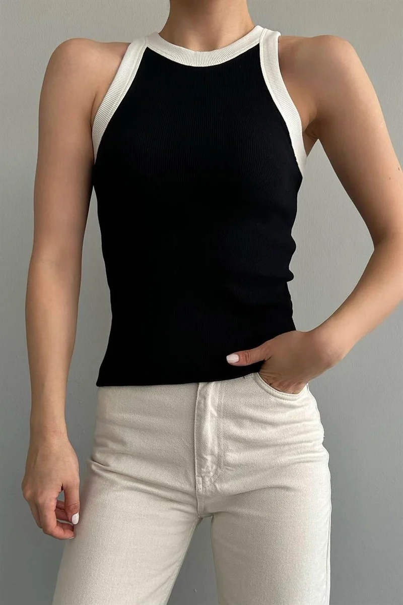 ريتنيس Women's Black and White Striped Cotton Halter Collar Ribbed Athlete