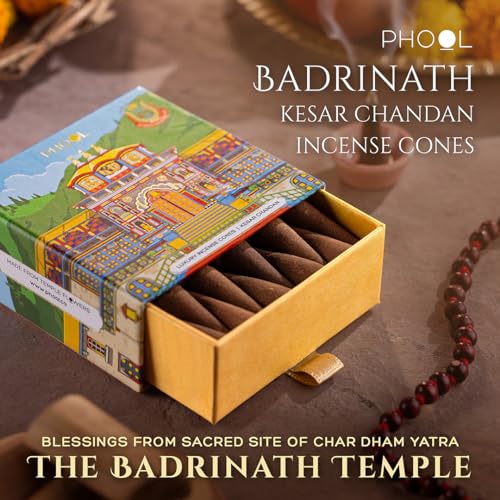 PHOOL LUXURY INCENSE فول لوكسوري بخور - مخاريط بخور بدريناث - عطر كيسار شاندان - زهور مقدسة مقدمة في معبد بدريناث - عبوة من 40 مخاريط دهووب طبيعية للبووجا - Image 3