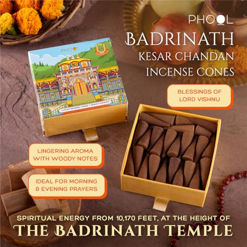PHOOL LUXURY INCENSE فول لوكسوري بخور - مخاريط بخور بدريناث - عطر كيسار شاندان - زهور مقدسة مقدمة في معبد بدريناث - عبوة من 40 مخاريط دهووب طبيعية للبووجا - Image 2