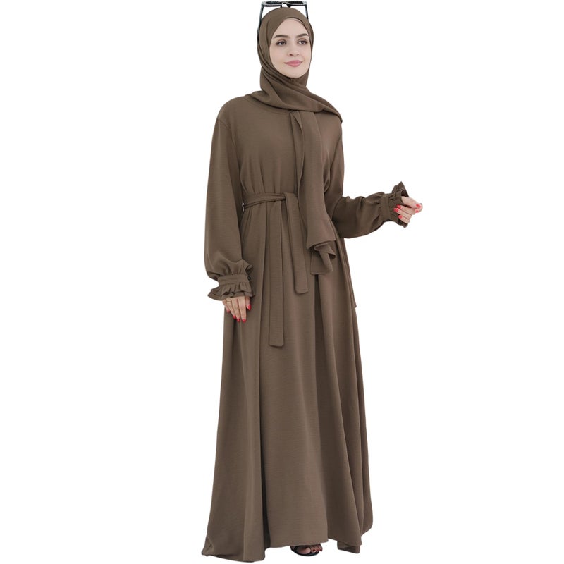 Khalat Women's Brown One Size Maxi Abaya Dress with Hijab Scarf, Lace Sleeve, High Waist, Closed Back, Long Sleeve, Solid, Daily, All Seasons - Image 2