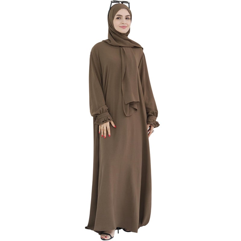 Khalat Women's Brown One Size Maxi Abaya Dress with Hijab Scarf, Lace Sleeve, High Waist, Closed Back, Long Sleeve, Solid, Daily, All Seasons - Image 4