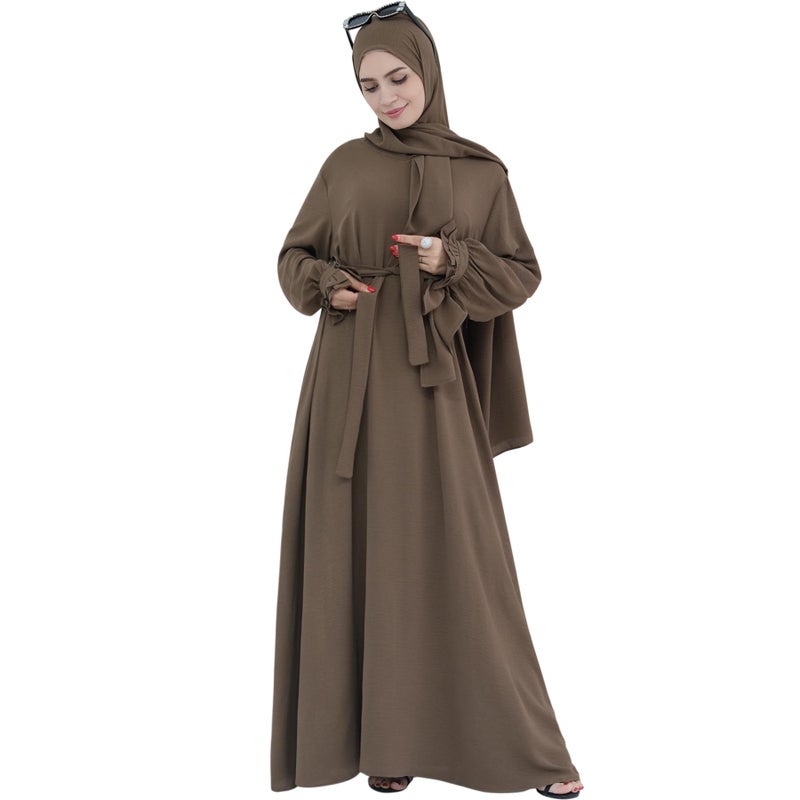 Khalat Women's Brown One Size Maxi Abaya Dress with Hijab Scarf, Lace Sleeve, High Waist, Closed Back, Long Sleeve, Solid, Daily, All Seasons - Image 1