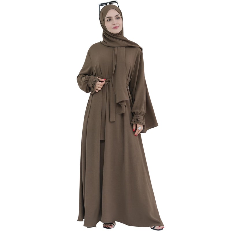 Khalat Women's Brown One Size Maxi Abaya Dress with Hijab Scarf, Lace Sleeve, High Waist, Closed Back, Long Sleeve, Solid, Daily, All Seasons - Image 5