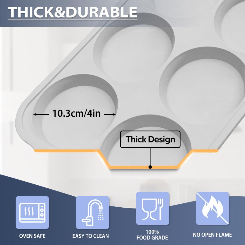 Vnray 4 Inch Jumbo Silicone Muffin Top Pan with Metal Frame, Non Stick Silicon Egg Mold for Oven, Large Whoopie Pie Baking Pan with Handle for English Breakfast Sandwich, Egg Bite, Bun Tart,Light Grey - Image 5