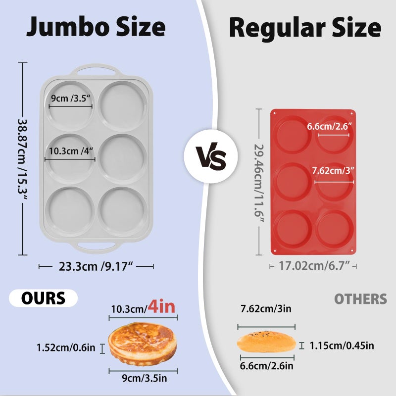 Vnray 4 Inch Jumbo Silicone Muffin Top Pan with Metal Frame, Non Stick Silicon Egg Mold for Oven, Large Whoopie Pie Baking Pan with Handle for English Breakfast Sandwich, Egg Bite, Bun Tart,Light Grey - Image 2