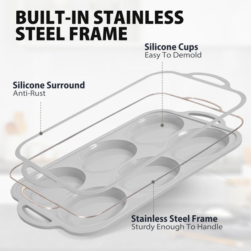 Vnray 4 Inch Jumbo Silicone Muffin Top Pan with Metal Frame, Non Stick Silicon Egg Mold for Oven, Large Whoopie Pie Baking Pan with Handle for English Breakfast Sandwich, Egg Bite, Bun Tart,Light Grey - Image 3
