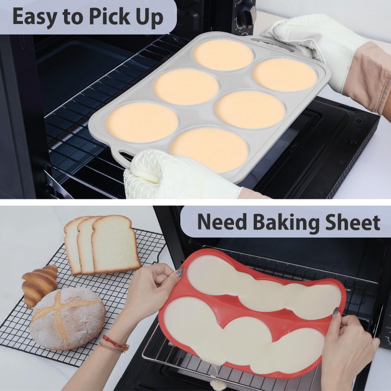 Vnray 4 Inch Jumbo Silicone Muffin Top Pan with Metal Frame, Non Stick Silicon Egg Mold for Oven, Large Whoopie Pie Baking Pan with Handle for English Breakfast Sandwich, Egg Bite, Bun Tart,Light Grey - Image 4
