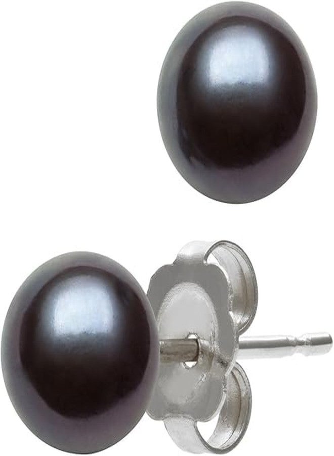 Belacqua AAA Quality Black Cultured Freshwater Button Pearl Stud Earrings in 14K White Gold, Size - 8.0-8.5mm, Real Pearl Jewelry for Women, Gift Box Included - Image 1