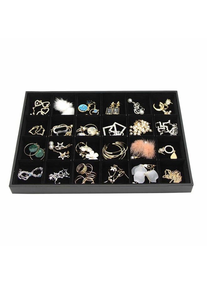 Pimuza Black Velvet Stackable 24 Grid Jewelry Tray Showcase Display Organizer Holder Dividers for Teen Stud Drop Earring, Watch, Bead, Trinket Storage Adjustable Box Case Dish for College Dorm Woman Drawer - Image 1
