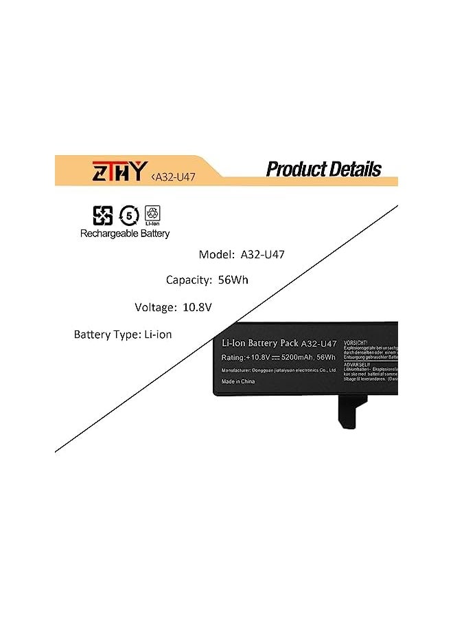 ZTHY - 56Wh A32-U47 Laptop Battery For Asus U47 U47A U47C U47V U47Vc Q400 Q400A Q400C Q400V Q400Vc R404 R404A R404C R404V R404Vc U47A-Bgr4 U47A-Rgr6 U47A-Rhi7N15 Q400A-Bhi7N03 A41-U47 A42-U47 - Image 1