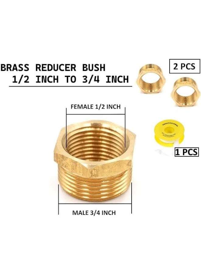 Biella Pack Of 2 Brass Reducer Bsp Male Thread To Female Thread Reducing Bush Hex Reducer Bushing Hose Pipe Fitting Connector Adapter And Teflon Tape (3/4 Inch To 1/2 Inch) - Image 2