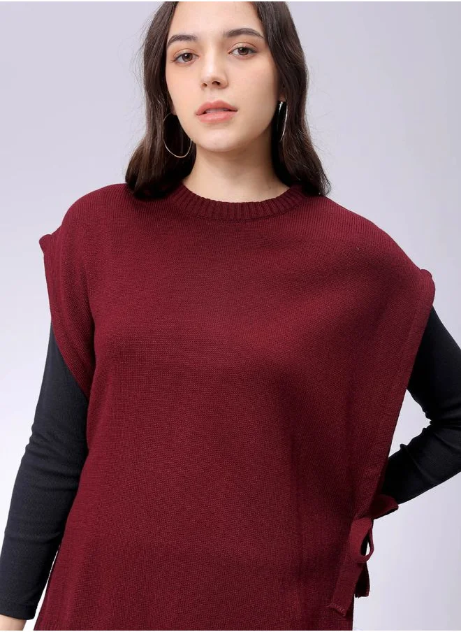 Freehand Women Relaxed Red Solid Round Neck Sleeveless Sweater