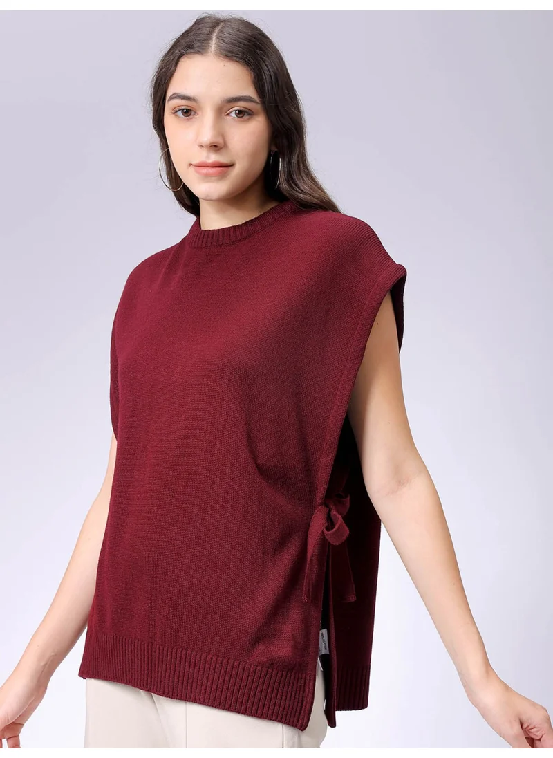 Freehand Women Relaxed Red Solid Round Neck Sleeveless Sweater