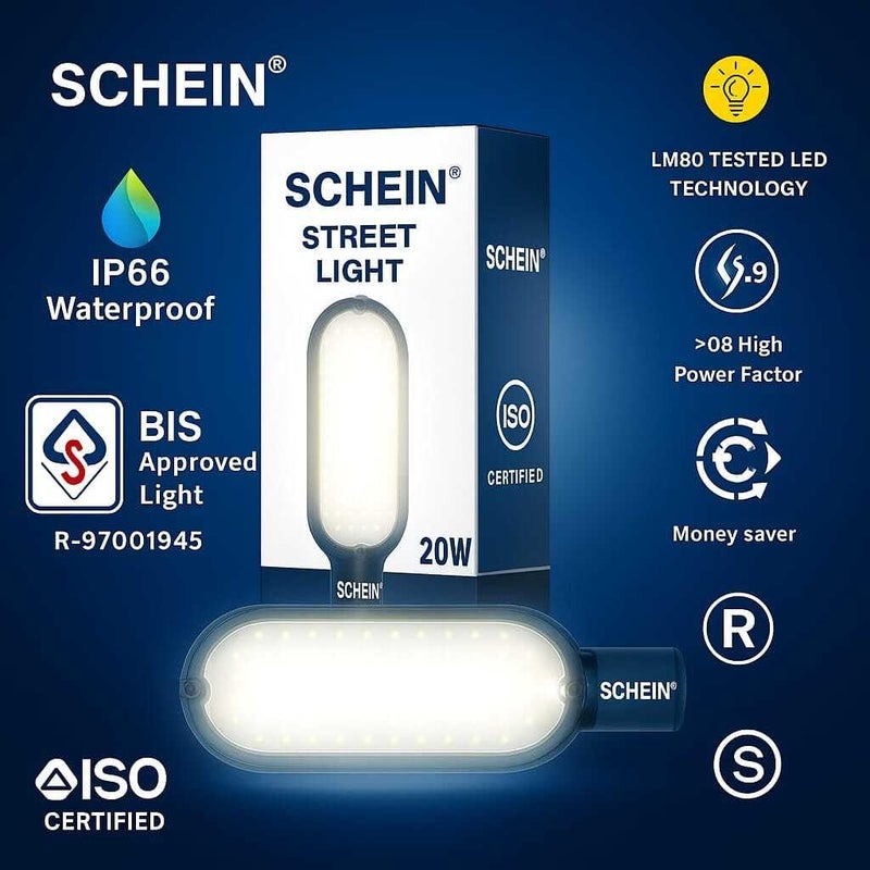 Shein مصباح الشارع LED SHSL-20W | 20W | تشغيل/إيقاف تلقائي عند الغسق حتى الفجر | كهرباء سلكية | مقاوم للماء والغبار IP65 | هيكل بولي كربونات | معتمد من BIS R-97001945 | مصباح شارع خارجي | 1 قطعة - Image 4