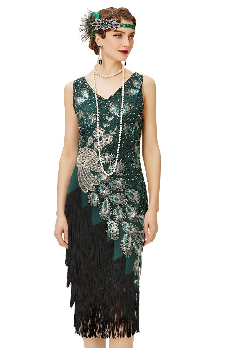 BABEYOND 1920s Vintage Peacock Sequined Dress Gatsby Fringed Flapper Dress Roaring 20s Party Dress - Image 1