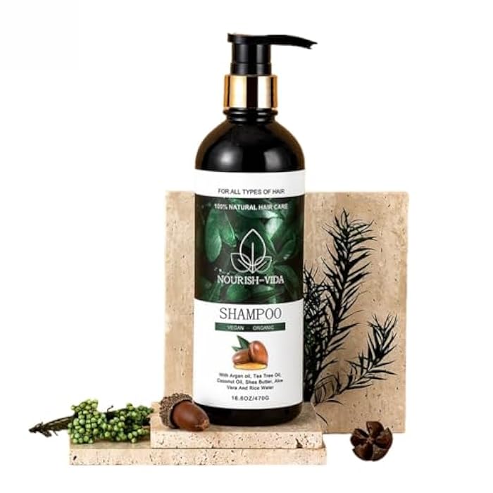 Nourish-Vida Organic Shampoo - Argan Oil Hair Cleanser with Tea Tree, Coconut and Rice Water, Moisturizing, Anti-Dandruff, For All Hair Types - (16.6 oz)