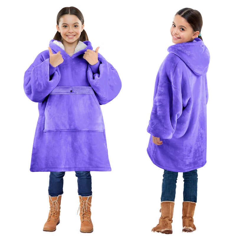 Solaris Wearable Blanket Hoodie for Kids Warm Soft Gift Oversized Cozy Sherpa Fleece Sweatshirt Pullover for Teens Girls Boys Large Pocket Purple