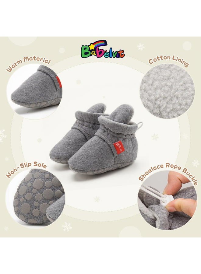 Babelvit Newborn Baby Boy Girl Soft Fleece Booties Stay On Infant Slippers Socks Shoe Non Skid Gripper Toddler First Walkers Winter Ankle Crib Shoes, 01aa Navy Grey, 12-18 Months - Image 5