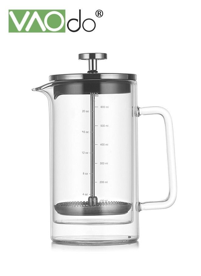 VAOdo French Filter Coffee Machine Double Layer Cold And Heat Resistant High Borosilicate Glass 304 Stainless Steel Press Coffee Machine Cold Brew Coffee Pot 600ml  - Image 1