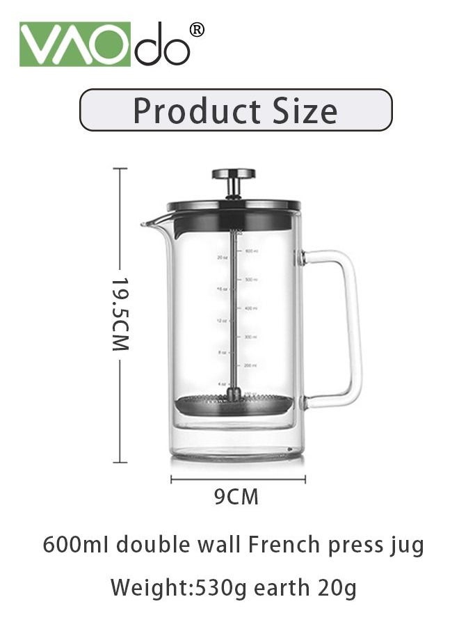 VAOdo French Filter Coffee Machine Double Layer Cold And Heat Resistant High Borosilicate Glass 304 Stainless Steel Press Coffee Machine Cold Brew Coffee Pot 600ml  - Image 4