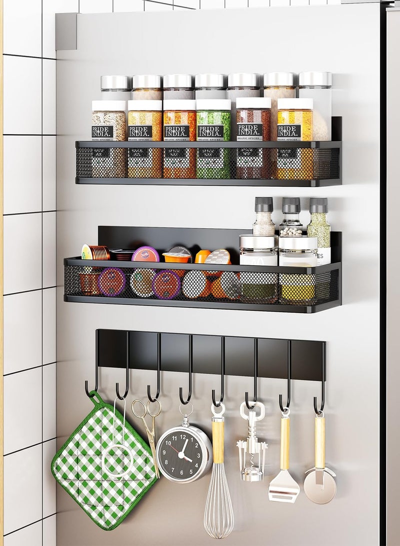 شو وو رف توابل مغناطيسي للثلاجة 3 عبوات رف مغناطيسي أسود منظم ثلاجة مغناطيسي متحرك مع 8 رف خطاف لتنظيم المطبخ وتخزينه - Image 1