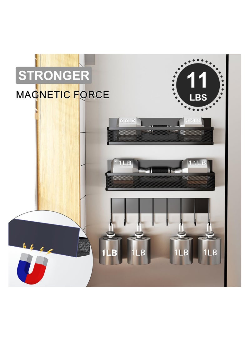 شو وو رف توابل مغناطيسي للثلاجة 3 عبوات رف مغناطيسي أسود منظم ثلاجة مغناطيسي متحرك مع 8 رف خطاف لتنظيم المطبخ وتخزينه - Image 3