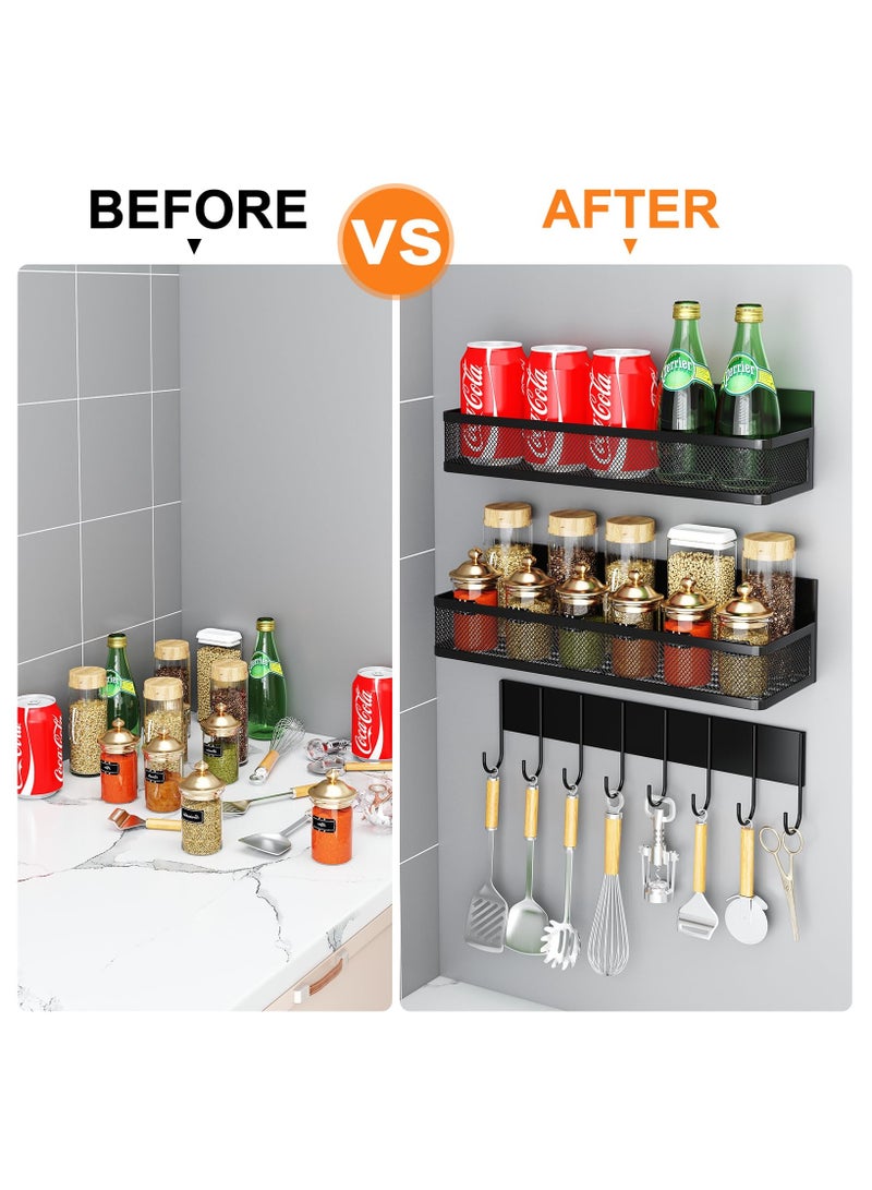 شو وو رف توابل مغناطيسي للثلاجة 3 عبوات رف مغناطيسي أسود منظم ثلاجة مغناطيسي متحرك مع 8 رف خطاف لتنظيم المطبخ وتخزينه - Image 4