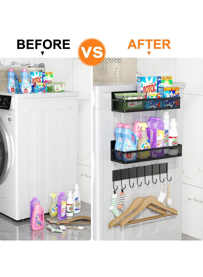 شو وو رف توابل مغناطيسي للثلاجة 3 عبوات رف مغناطيسي أسود منظم ثلاجة مغناطيسي متحرك مع 8 رف خطاف لتنظيم المطبخ وتخزينه - Image 5