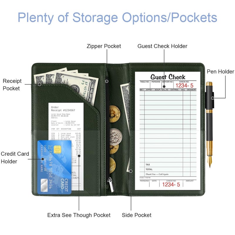 WAVEYU Cute Server Books for Waitress Waiter, Leather Guest Book Note Pad with Zipper, Money Organizer Wallet, Cash Check Bill Receipt Holder Presenter, 8x5 inch, Green Flower - Image 2