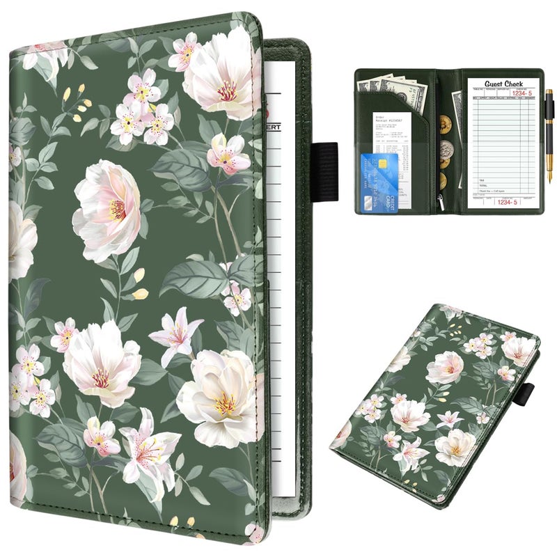 WAVEYU Cute Server Books for Waitress Waiter, Leather Guest Book Note Pad with Zipper, Money Organizer Wallet, Cash Check Bill Receipt Holder Presenter, 8x5 inch, Green Flower - Image 1