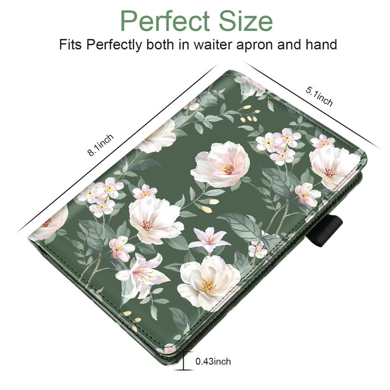 WAVEYU Cute Server Books for Waitress Waiter, Leather Guest Book Note Pad with Zipper, Money Organizer Wallet, Cash Check Bill Receipt Holder Presenter, 8x5 inch, Green Flower - Image 4