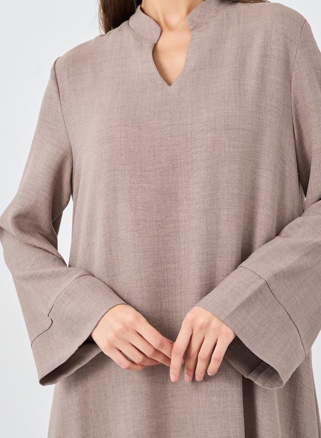 ستايلي جلابية نسائية بنية بياقة من قماش يشبه الكتان - Image 4